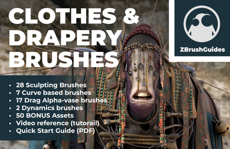 ZBrush衣服布料笔刷预设 ZbrushGuides – Clothes and Drapery Brushes Pack-数艺帮-影视后期3D动画创意设计资源网